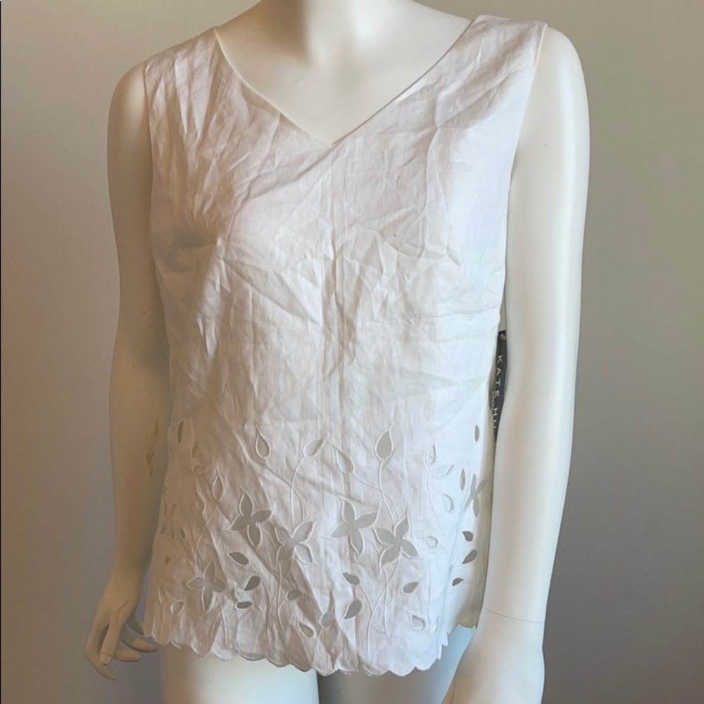 Kate Hill White Eyelet 100% Linen Classic Top
